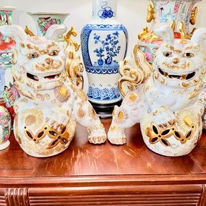 Pair of White and Gold Foo Dog Statues
